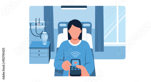 A female patient sitting up in a hospital bed uses a wireless nurse call button to summon assistance in her room.