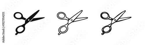 Open scissors icon set in solid, outline, and hand-drawn styles