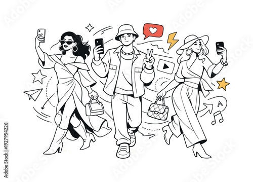 Fashion influencers. Confident figures posing with smartphones, flowing outfits and bold accessories catching
