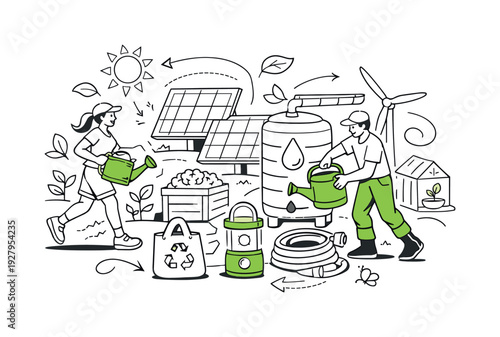 Sustainable Living Tools. Green outdoor living tools. Collection of sustainable equipment like solar panels,
