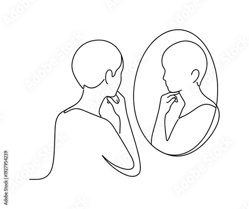 Quiet Contemplation. Minimalistic one-line drawing person looking into a simple mirror representing