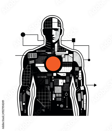 Synthetic Identity Poster. A black-and-white human figure representing a synthetic identity, body assembled