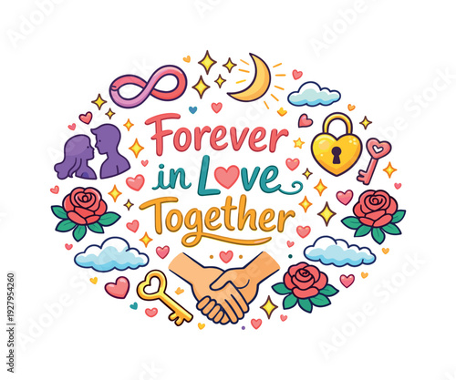 Forever in Love Together. Hand drawn illustration of Forever in Love Together. infinity heart, clasped hands,