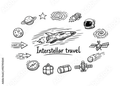Interstellar travel concepts and technologies. Hand-drawn doodle illustration of interstellar travel concepts