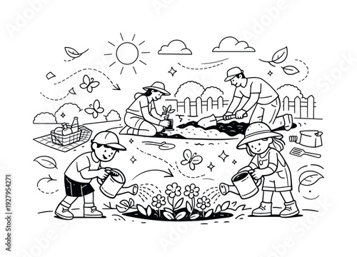 Spring Garden Joy. Spring Garden Picnic and Planting. Kids watering flowers while parents prepare new soil