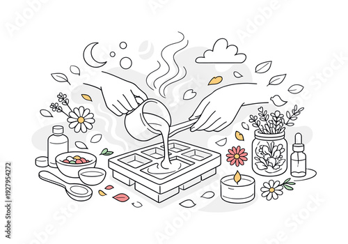 Artisan soap making with floral fragrances. Hands pouring soap into molds, dried flowers and petals floating