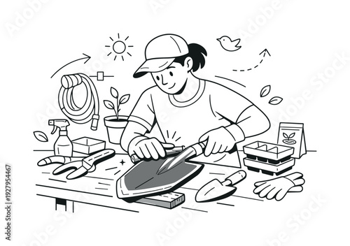 Preparing tools for gardening. Person sharpening a spade on a workbench, metal edge highlighted with clean