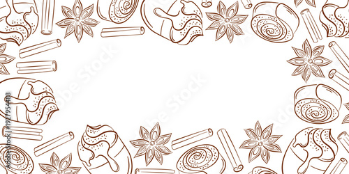 Border pattern with cinnamon roll, sticks, coffee drink and star anise in line art style. Hand drawn illustration on white background for bakery packaging, menu and festive design.