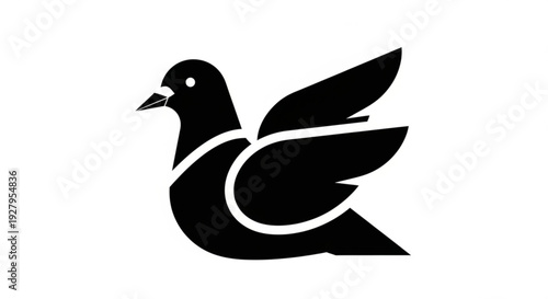 Modern black dove symbol with white accents in mid flight