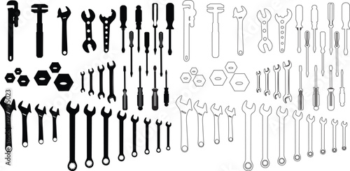 Repair tools icon set collection, wrench, screwdriver and mechanic equipment symbols for construction, maintenance and workshop design in solid and style vector isolated on transparent background