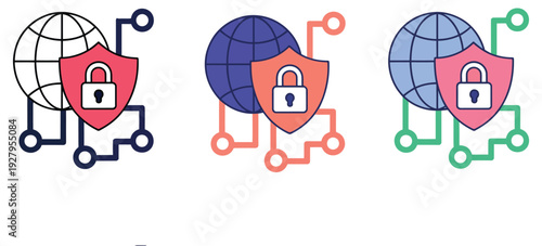 Cyber security icon sheet multiple style collection, data protection, network safety, encryption, firewall, and online security symbols, editable vector