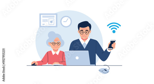 An elderly couple uses a laptop and a smartphone together in a modern flat vector illustration with technology icons in the background.