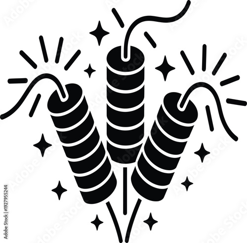 Black and white illustration of three firecrackers with sparks