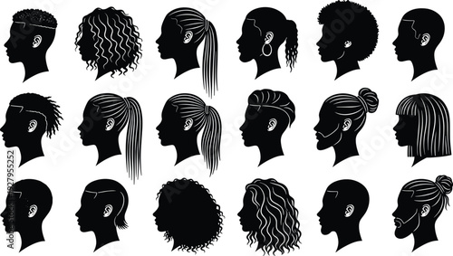 Comprehensive Human Face Profile Silhouette Set Featuring Detailed Male and Female Side View Headshots with Diverse Textured Hairstyles