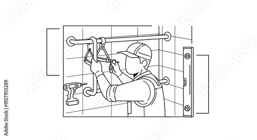 A line art illustration shows a worker installing a safety grab bar on a tiled bathroom wall with a screwdriver and other tools.