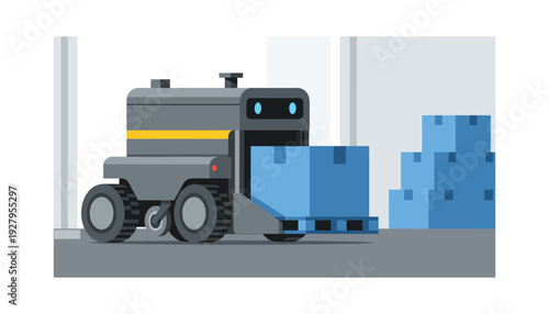 Robot moving blue boxes in modern warehouse setting