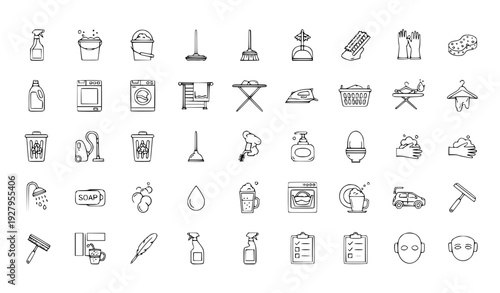 Home Cleaning and Laundry Line Icon Set Featuring Housekeeping Tools, Hygiene Products, Washing Appliances, and Domestic Service Symbols for UI and App Design