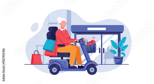 An elderly woman independently shops for groceries using a blue mobility scooter in a colorful flat vector illustration.