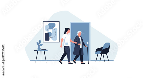 A professional caregiver gently supports an elderly woman with a walking stick as they move through a modern hallway.