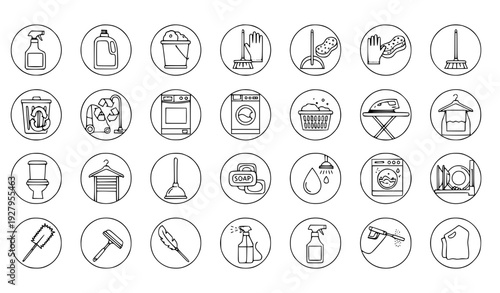 Cleaning and Household Chores Circular Outline Icon Set Featuring Laundry, Bathroom, Kitchen, Sanitizing Tools, and Home Maintenance Symbols for Web and App Design 