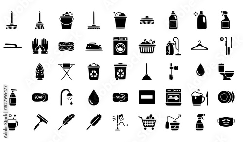 Cleaning and Household Solid Icon Set Featuring Home Maintenance, Laundry, Sanitizing Tools, Bathroom Equipment, and Domestic Chore Symbols for Apps and Web Design