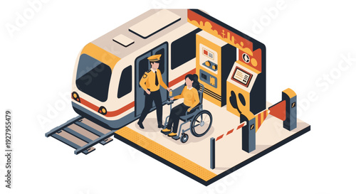 A train conductor helps a person in a wheelchair board a train using a ramp at an accessible public transport station.