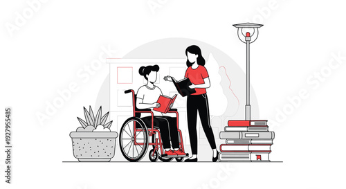 A woman reads a book aloud to a friend sitting in a wheelchair outdoors next to a large stack of literature.