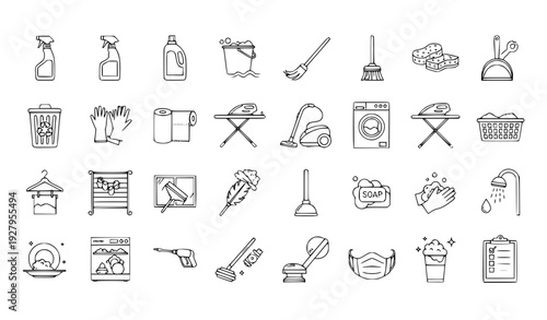 Cleaning and Household Chores Outline Icon Set Featuring Home Maintenance, Laundry, Hygiene, Sanitizing Tools, and Domestic Service Symbols for Apps and Web Design