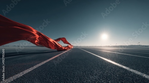Flowing Red Fabric on an Open Track with Sunlight and Clear Sky Creating a Dramatic, Ethereal Scene