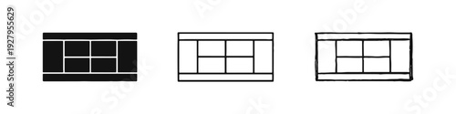 Tennis court icon set in solid, outline, and hand-drawn styles (top view)