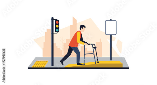 A person with a mobility walker carefully uses an accessible ramp to navigate a city street crosswalk with a traffic light.