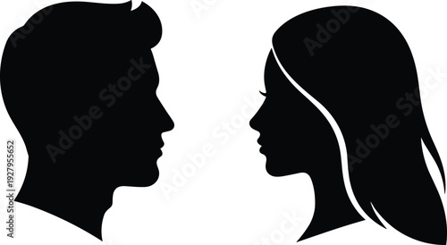 Comprehensive Human Face Profile Silhouette Set Featuring Vector Symbols of Man and Woman Facing Each Other Side View