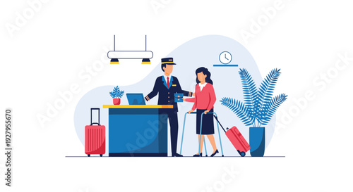 A helpful concierge at a reception desk assists a female traveler who is using crutches and has a rolling suitcase.