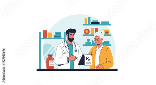 A male doctor with a stethoscope explains a prescription on a clipboard to an elderly female patient across a counter in a pharmacy.