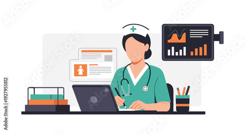 A female nurse in uniform works at her desk with a laptop, analyzing patient data on a monitor and reviewing medical charts.