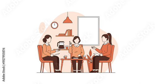 Three professional women sit around a small table with coffee and notebooks, having a collaborative meeting in a modern, minimalist office space.