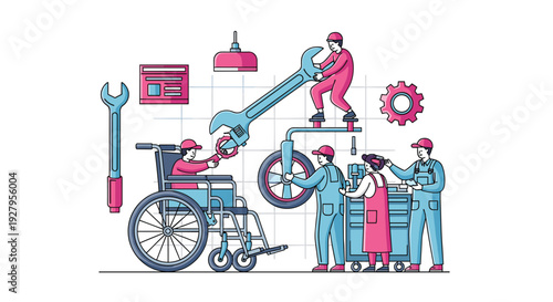 A team of mechanics works together in a workshop to assemble and repair a wheelchair for a person with a disability, symbolizing support and engineering.