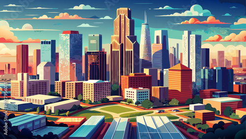 Very beautiful aerial panorama of Downtown Houston, Texas, USA, showcasing modern skyscrapers rising dramatically above the urban grid beneath a vast southern sky.