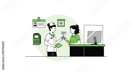 A female nurse at a clinic reception desk assists a female patient with a transaction, surrounded by medical and payment icons.