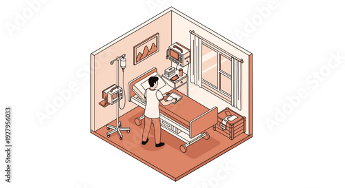A male nurse stands beside an empty hospital bed in an isometric room, reviewing a patient's chart with medical equipment nearby.