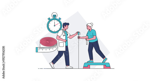 A doctor supervises an elderly woman's fitness assessment as she performs a step exercise, with a stopwatch and measuring tape nearby.