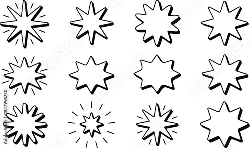 Collection of various comic book explosion effects and starburst shapes in black outline
