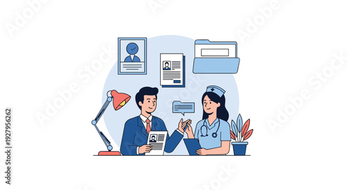 A male professional in a business suit discusses a document with a female nurse at a desk in a minimalist office setting.