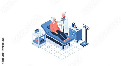 An elderly male doctor examines a senior female patient who is sitting on an examination bed in an isometric clinic room.