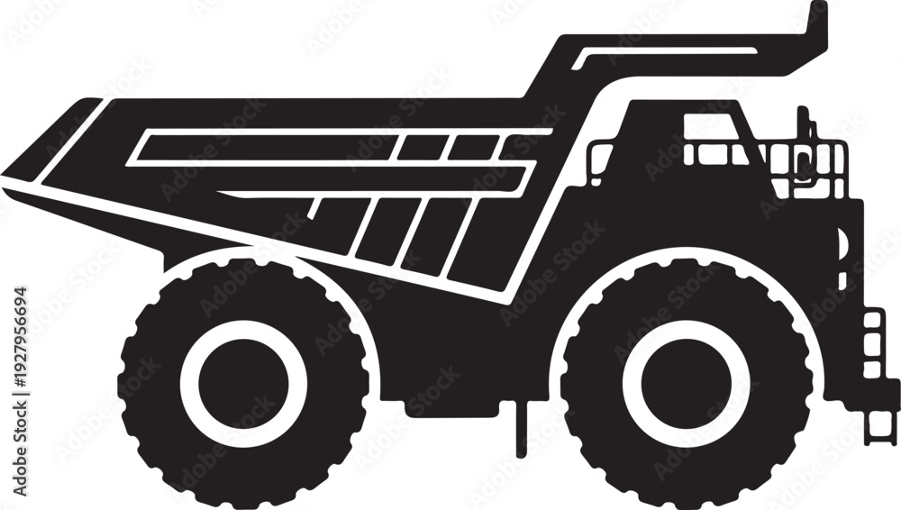 Obraz premium Black silhouette of large mining truck with massive wheels and elevated cargo bed on transparent background vector illustration for industry