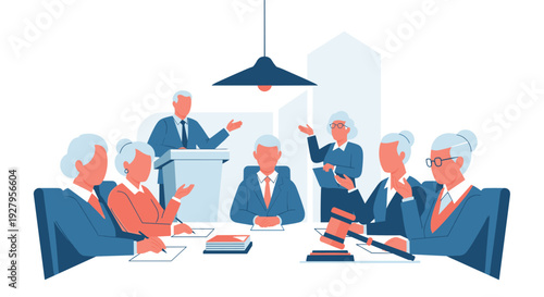 A group of senior professionals in business suits conduct a formal meeting around a large table with one person speaking at a podium.