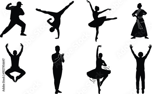 Comprehensive Human Movement Silhouette Set Featuring Vector Symbols of Ballet Dance Breakdance Martial Arts Jumping and Celebration