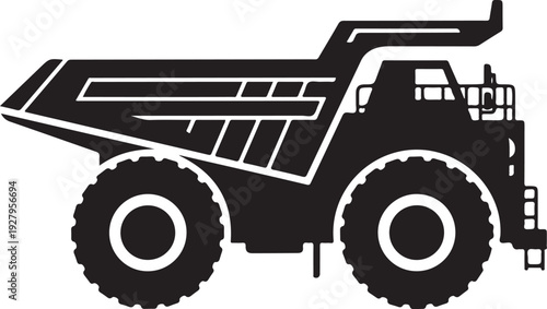 Black silhouette of large mining truck with massive wheels and elevated cargo bed on transparent background vector illustration for industry