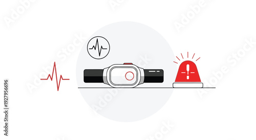 A medical alert wristband is depicted between an EKG heartbeat line and a red emergency alarm icon in a minimalist line art illustration.