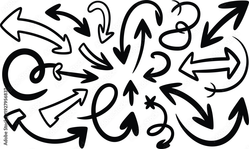 Fototapeta premium Collection of various black arrows pointing in different directions on for navigation and direction